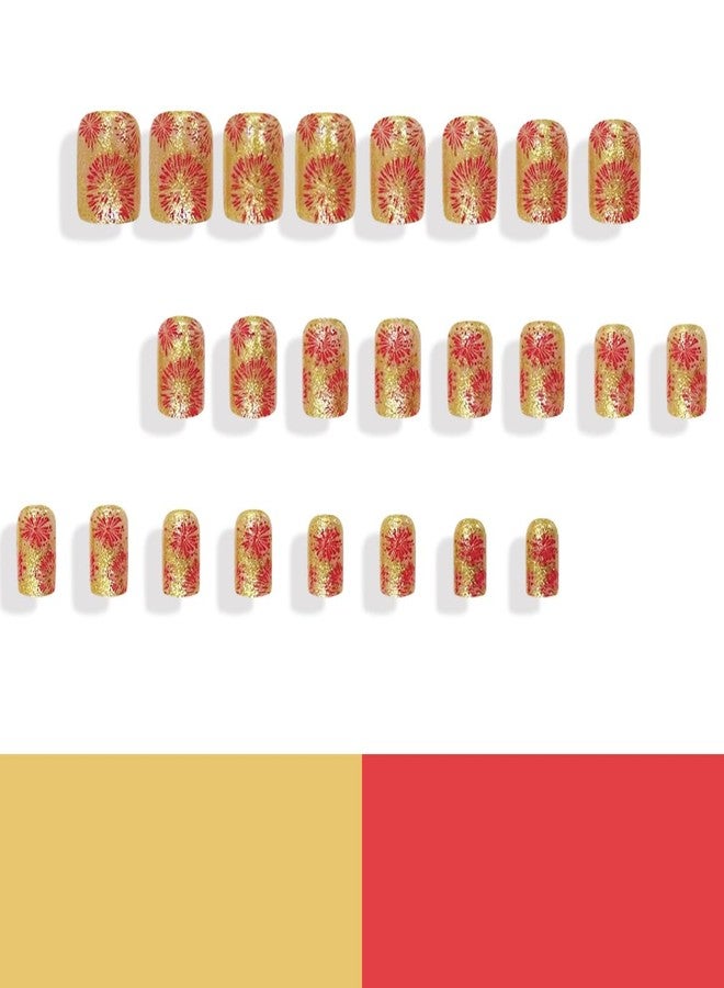 SHUXILIN Christmas Press on Nails Short Medium Square Fake Nails with Red Firework Gold Glitter Designs Full Cover False Nails Sparkling Glossy Acrylic Nails Stick on Nails for Women New Year Decor 24Pcs - Image 4
